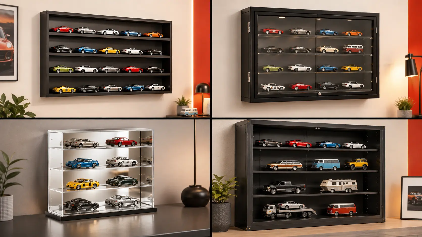 Hot Wheels display shelves and cabinets comparison showing open, enclosed, mirrored and adjustable 1:64 displays