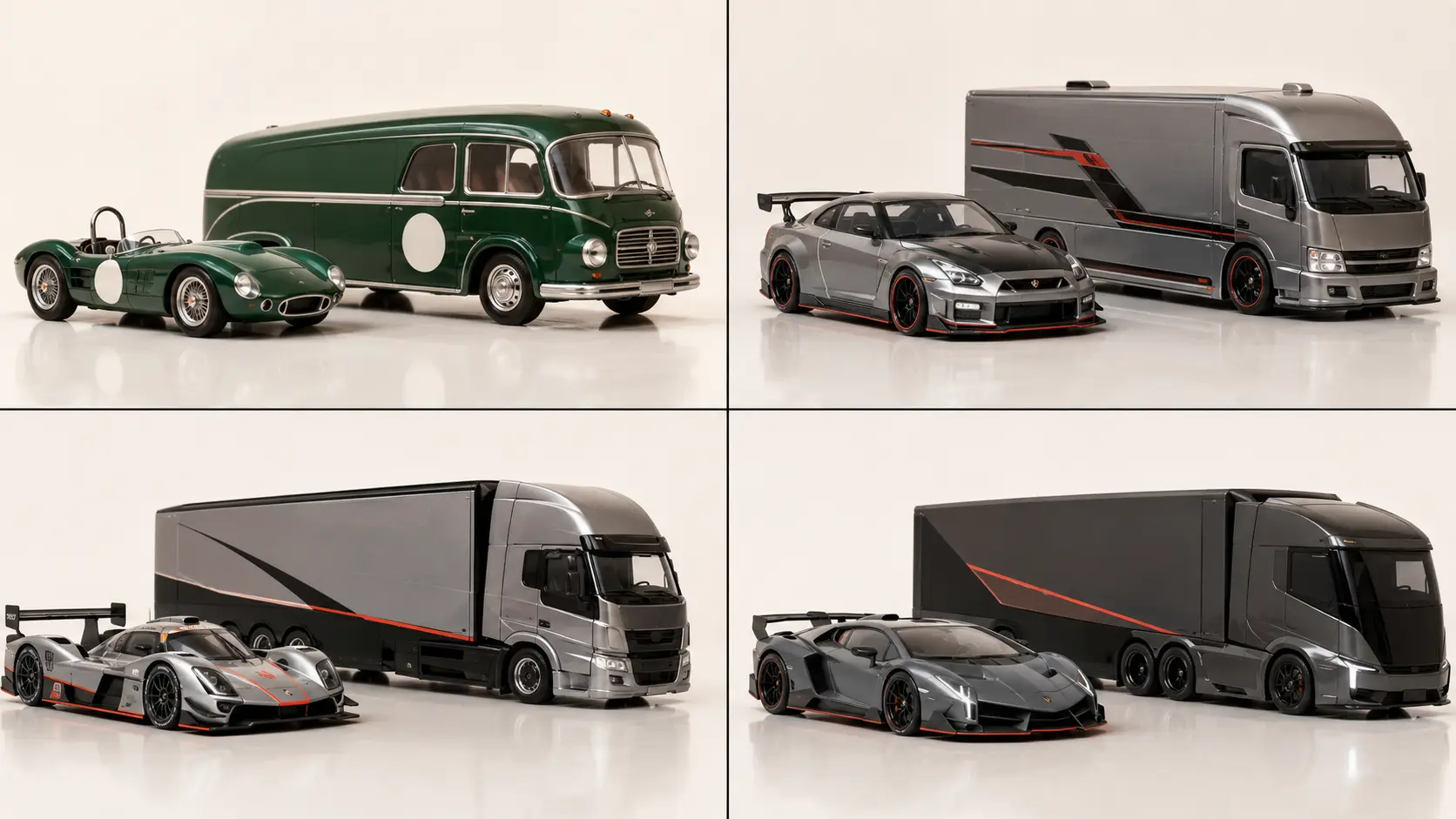 Four Hot Wheels Team Transport collecting styles including classic motorsport, JDM, European racing and modern performance
