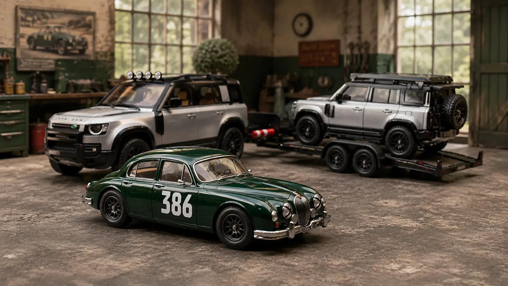 Jaguar Mk1 with 2023 Land Rover Defender 110 Team Transport and trailer in a British miniature workshop