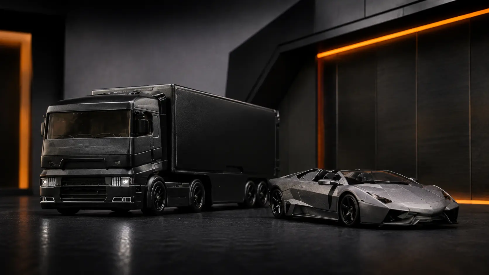 Lamborghini Reventón Roadster beside black Flipsider Team Transport in a dark miniature showroom