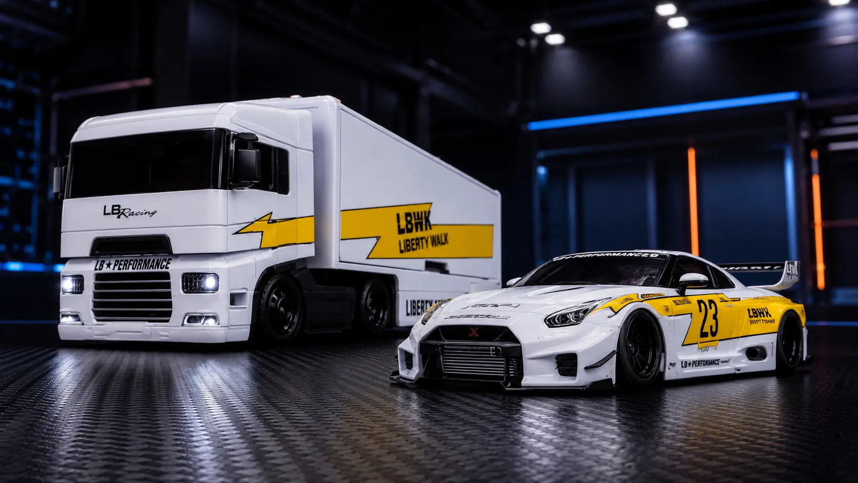 LB-Silhouette GT Nissan 35GT-RR Ver.2 beside white Flipsider Team Transport in a miniature custom-car exhibition
