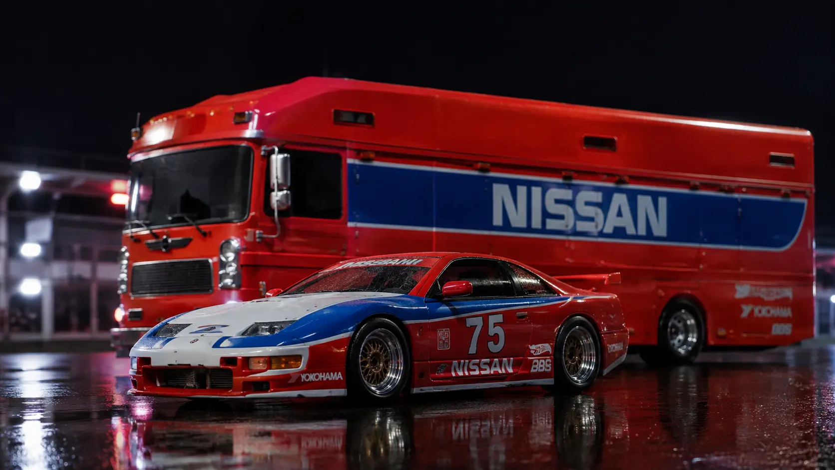 1994 Nissan 300ZX GTS beside Euro Hauler Team Transport in a miniature endurance-racing paddock
