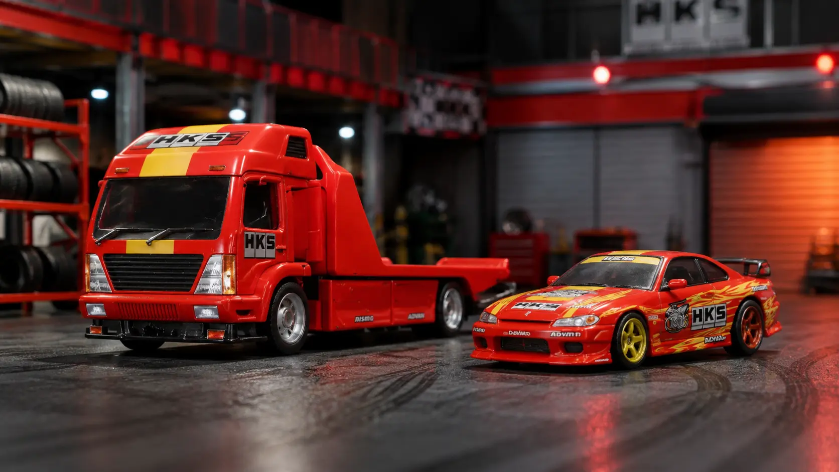 Nissan Silvia S15 beside Aero Lift Team Transport in a miniature drift-team service area