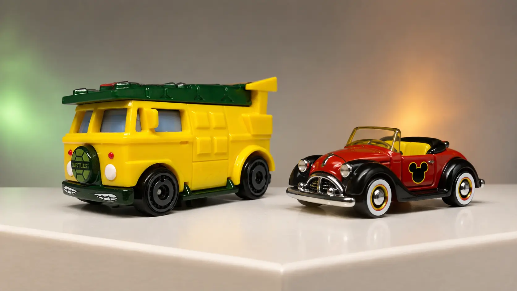 Yellow Party Wagon and red Mickey Mouse Car from the collector-tracked 2026 Hot Wheels Case N Screen Time series