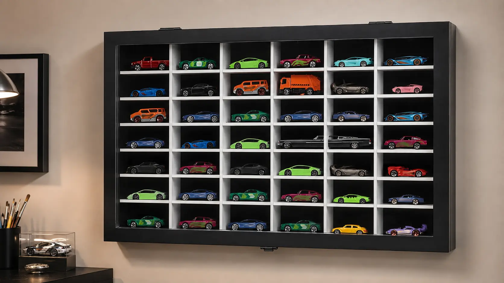 PKHROR large black 42-car diecast display cabinet with removable white shelves