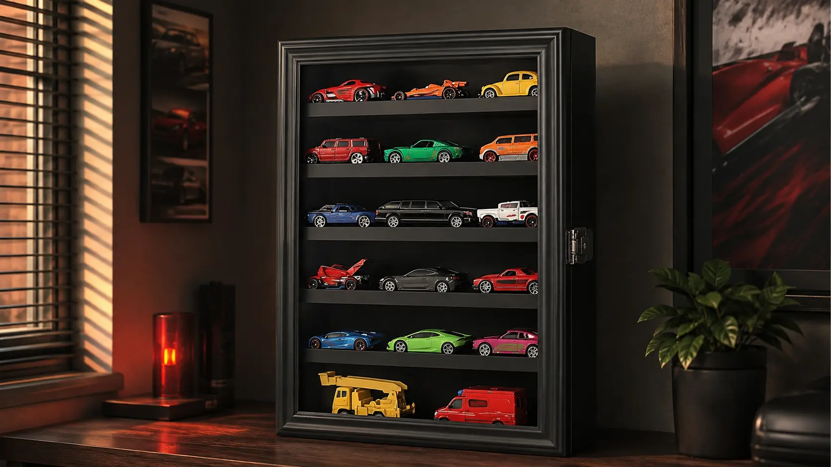 Compact PKHROR black real-glass display cabinet with five removable shelves for 1:64 cars