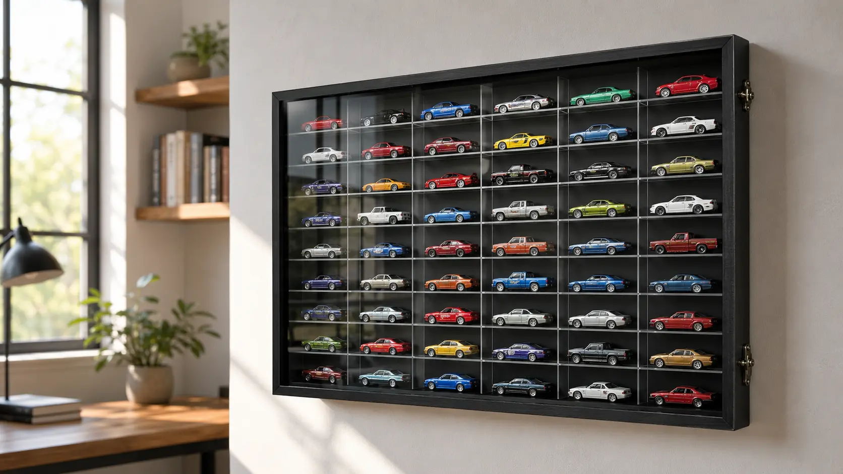 SpaceApe 60-car wall-mounted display case with a dust-resistant front door and acrylic shelves