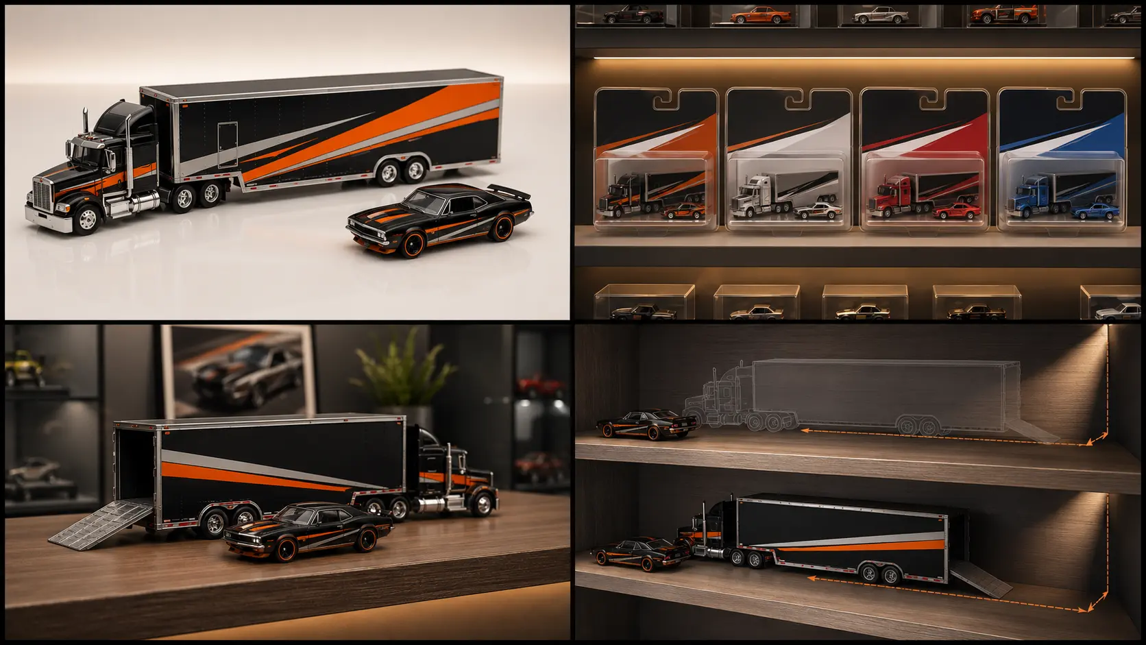 Visual guide comparing matching liveries, carded display space, loose presentation and shelf depth for Team Transport sets