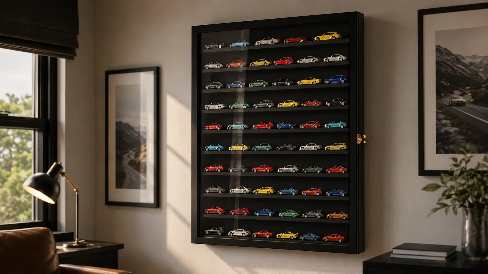 TJ.MOREE 12-tier lockable black wood display case showcasing 1:64 diecast cars