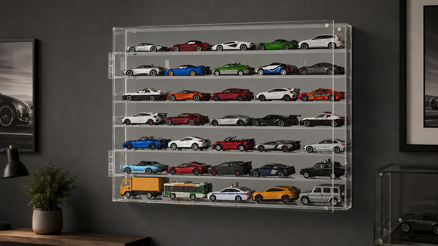 YYDS mirrored acrylic wall display case holding 35 standard 1:64 diecast cars