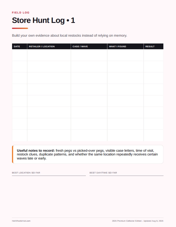 Hot Wheels store hunt log tracker preview