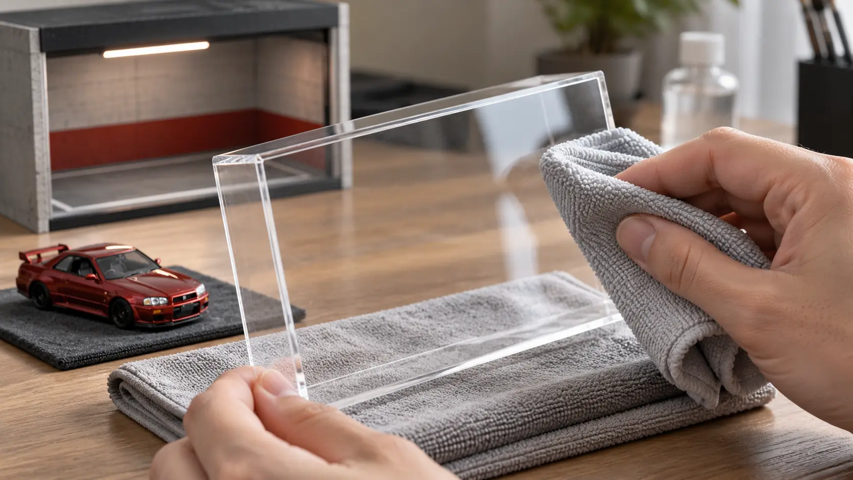 Editorial illustration of an acrylic display cover being cleaned gently with a microfiber cloth