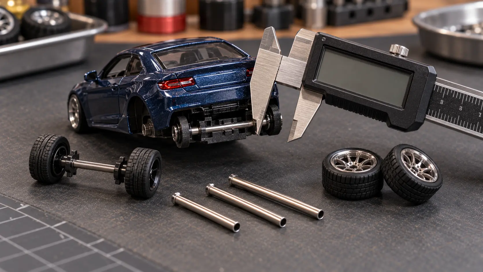 Digital caliper measuring a 1:64 diecast car with replacement axles and wheels for stance setup