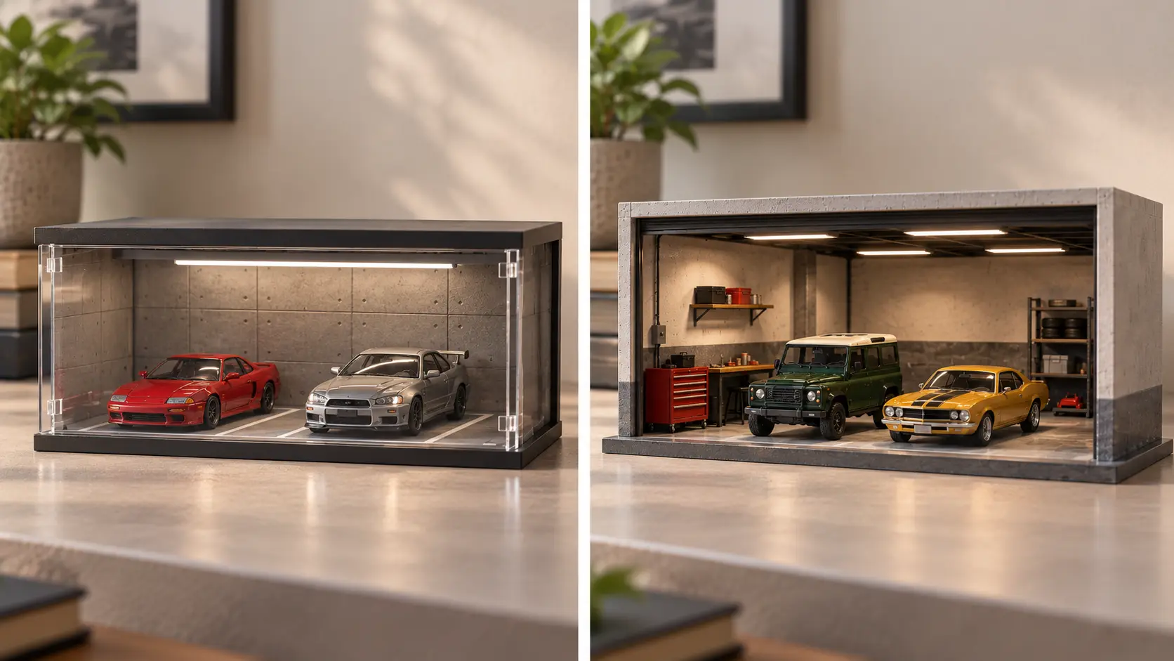 Illustrative comparison of an open workshop photography stage and a covered miniature car display