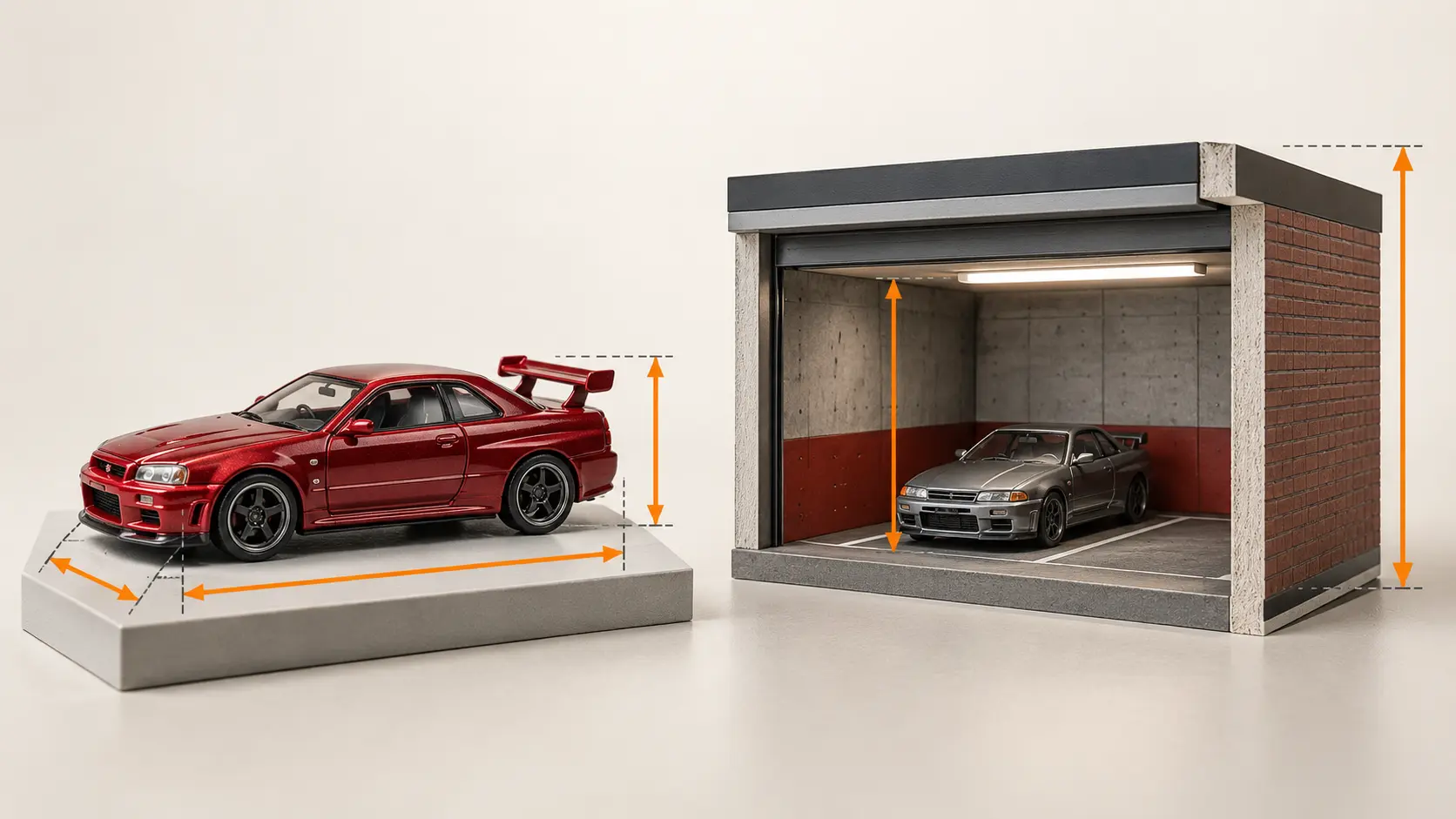 Editorial measurement diagram comparing miniature car dimensions with garage bay and front-opening clearance