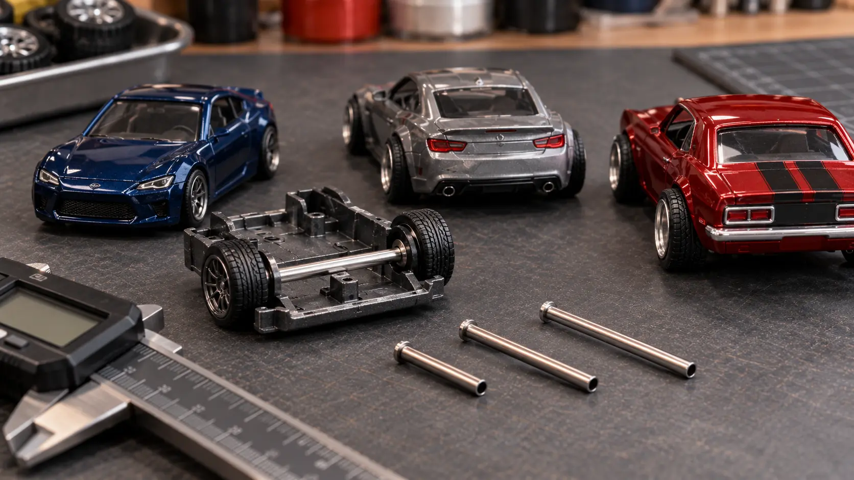 Different hollow axle lengths being test-fitted to 1:64 diecast cars for wheel stance adjustment
