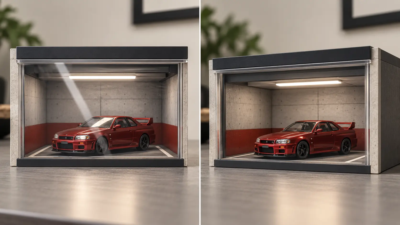 Side-by-side illustrative photography setup showing how LED glare changes on an acrylic diorama cover