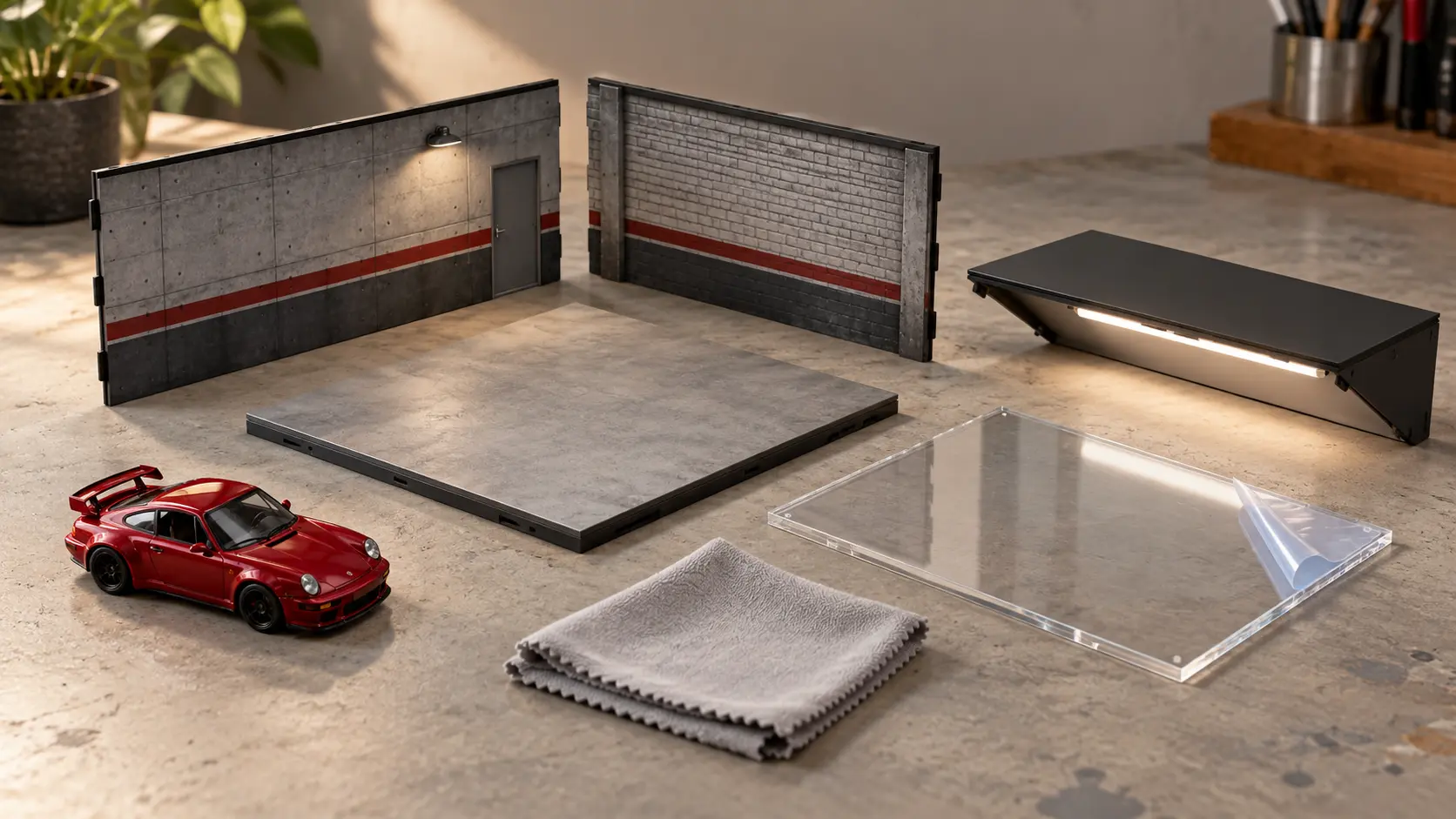 Editorial illustration of assembling a flat-pack miniature garage from printed panels on a clean tabletop