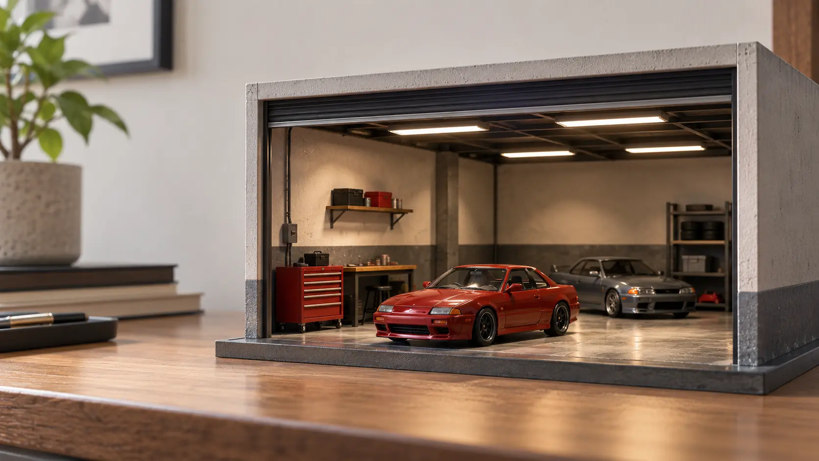 Editorial illustration of a miniature open workshop diorama used as a diecast car photography backdrop