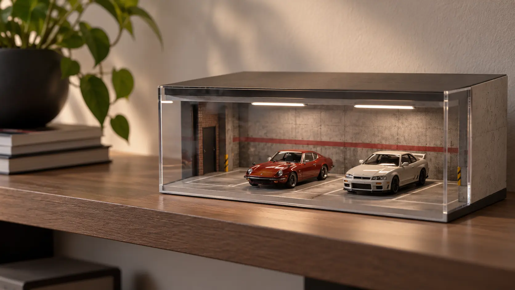 Illustrative printed miniature parking garage backdrop with clear display cover and diecast cars