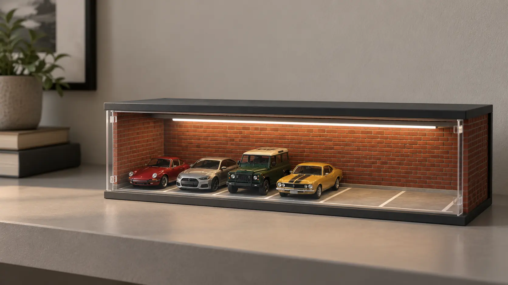 Editorial illustration of an illuminated brick-style six-bay miniature garage with several loose diecast cars