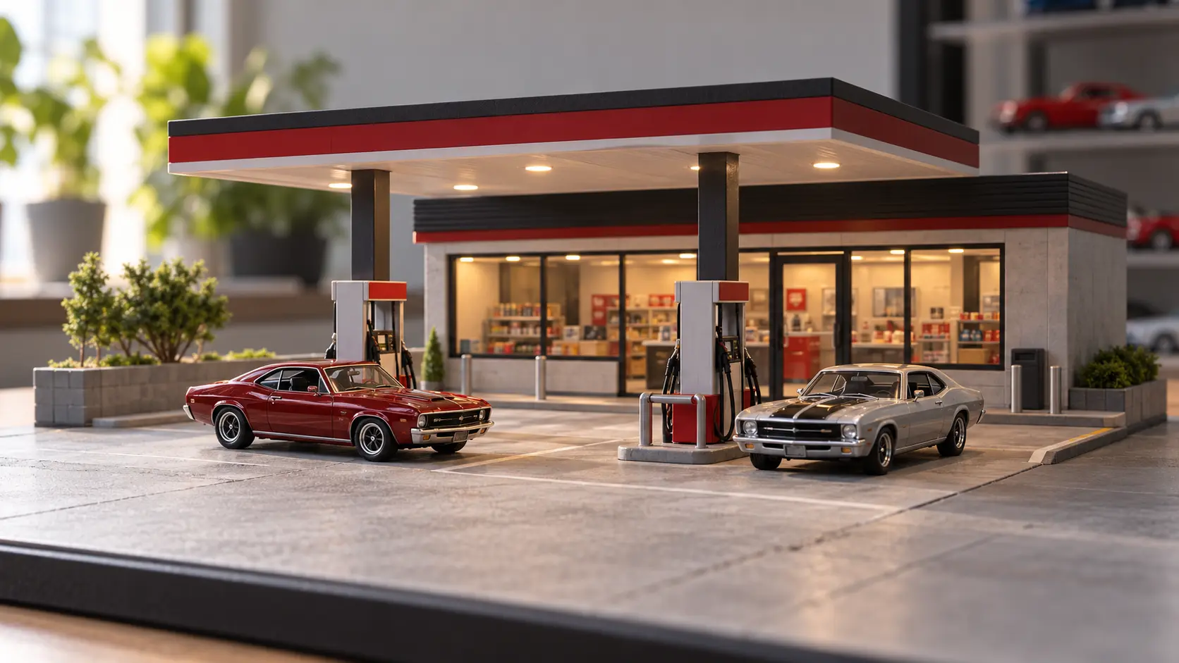 Illustrative roadside gas station miniature scene with diecast cars on its forecourt