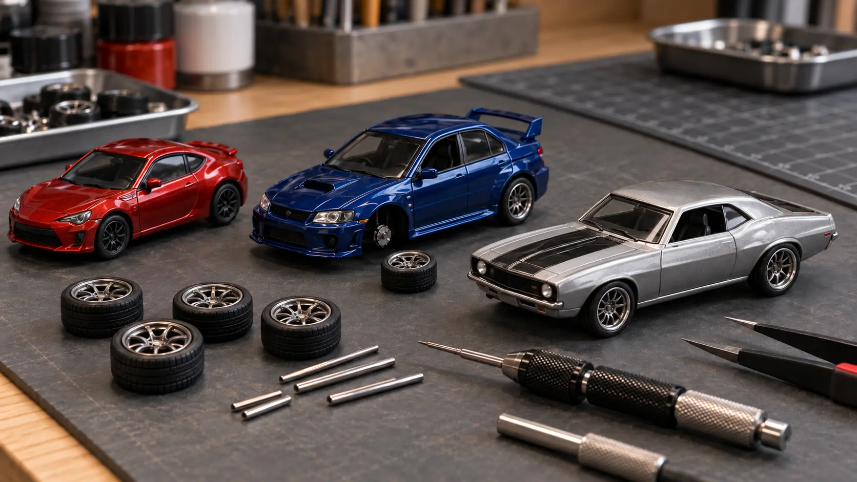 Three 1:64 diecast cars with aftermarket rubber wheels prepared for wheel swaps