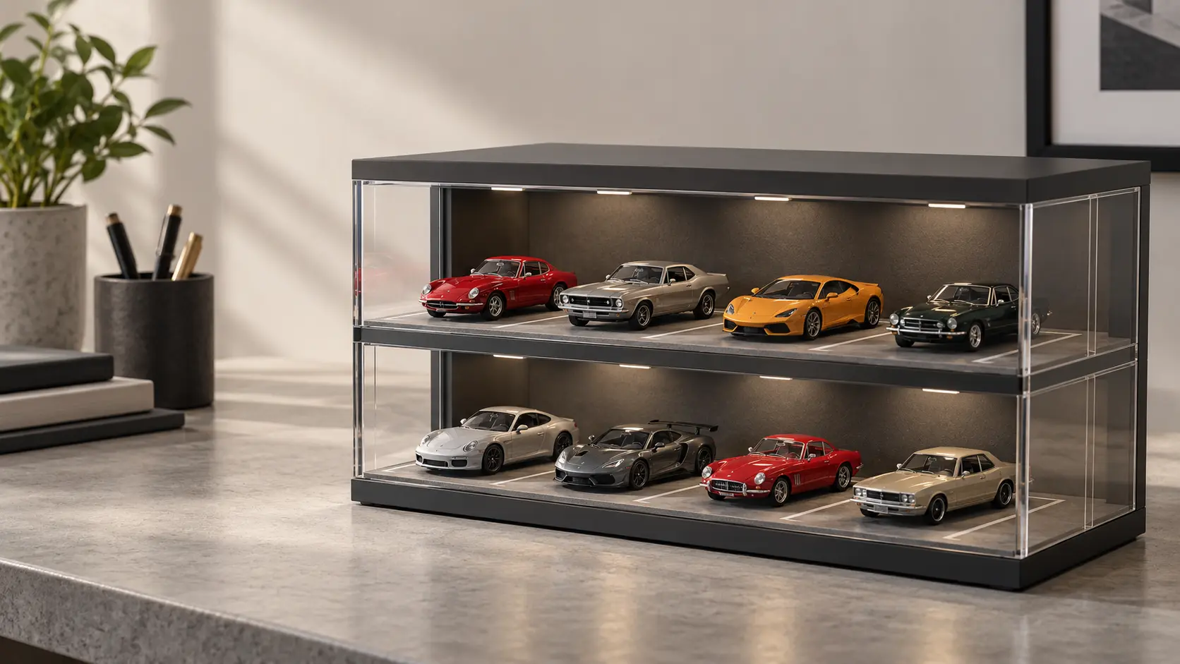 Editorial illustration of a two-level illuminated miniature parking garage displaying loose diecast cars
