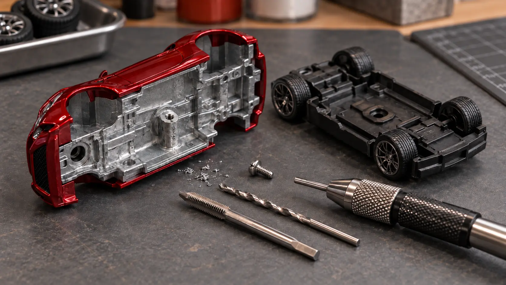 2-56 tap and drill beside a disassembled 1:64 diecast car for a screwed-base conversion