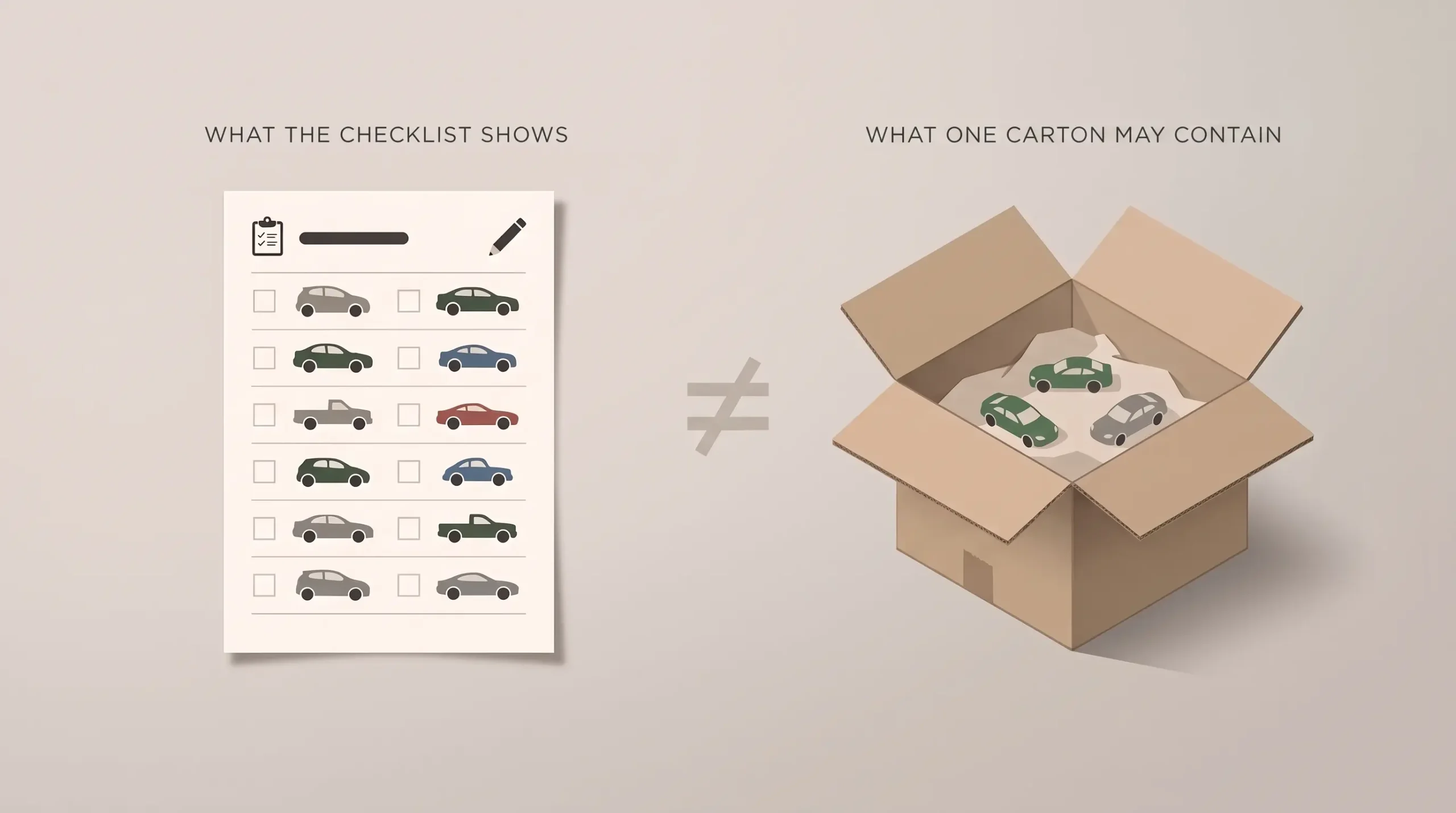 Conceptual illustration contrasting a collector checklist of possible diecast models with an individual carton containing only some cars