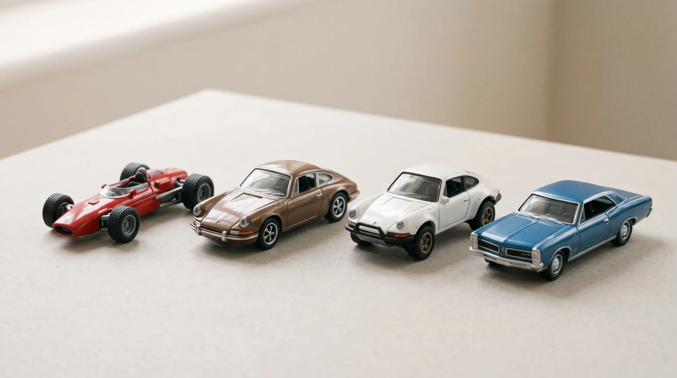 Four illustrative miniature cars representing racing, vintage sports, rally and classic American collecting themes