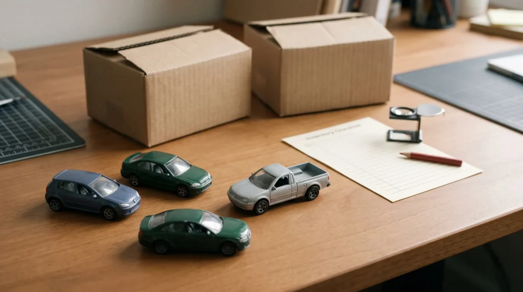 Generic 1:64 diecast cars beside plain shipping cartons and a collector checklist, illustrating case-assortment research