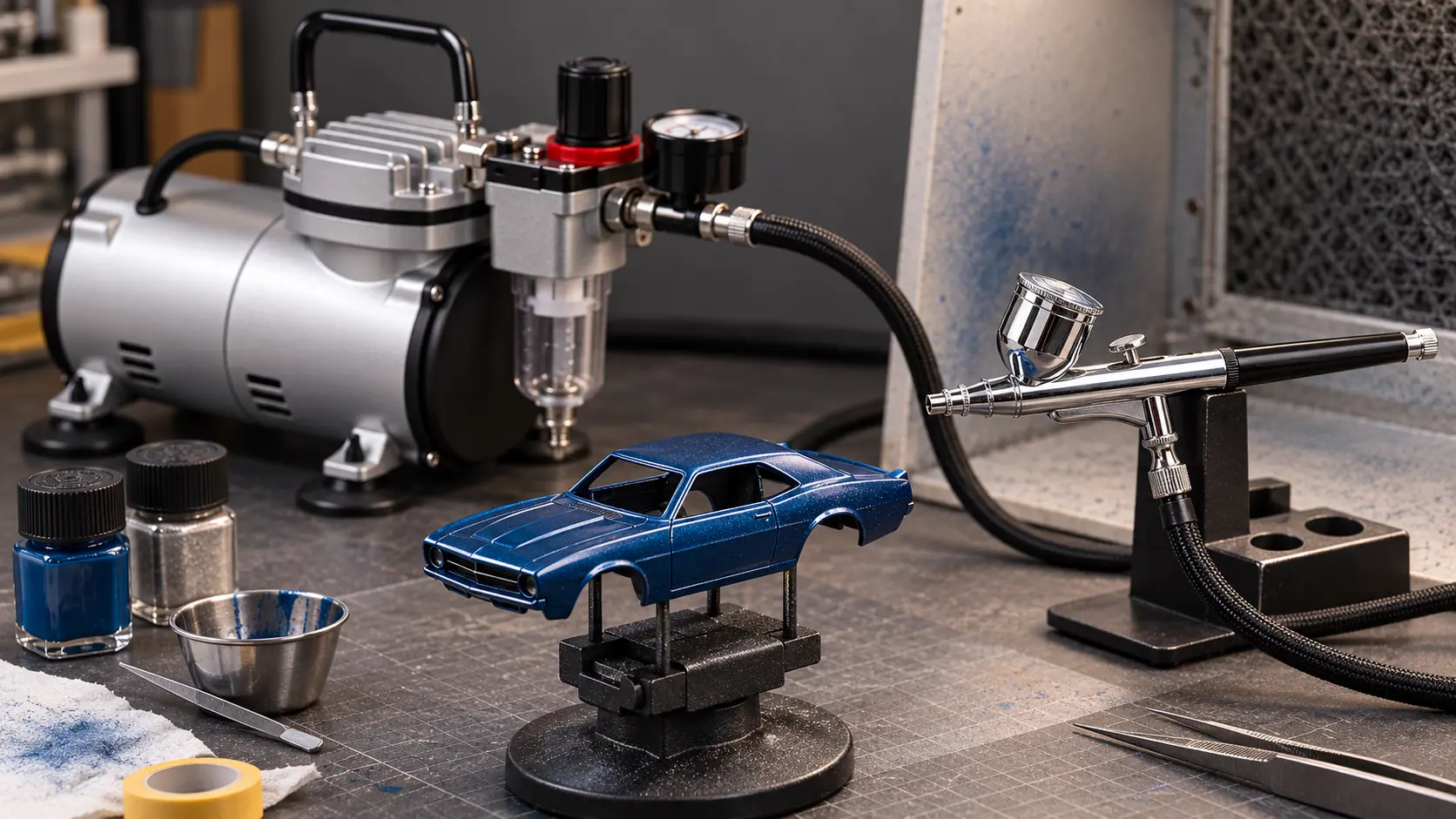Compact airbrush compressor and gravity-feed airbrush set up for painting a 1:64 diecast body