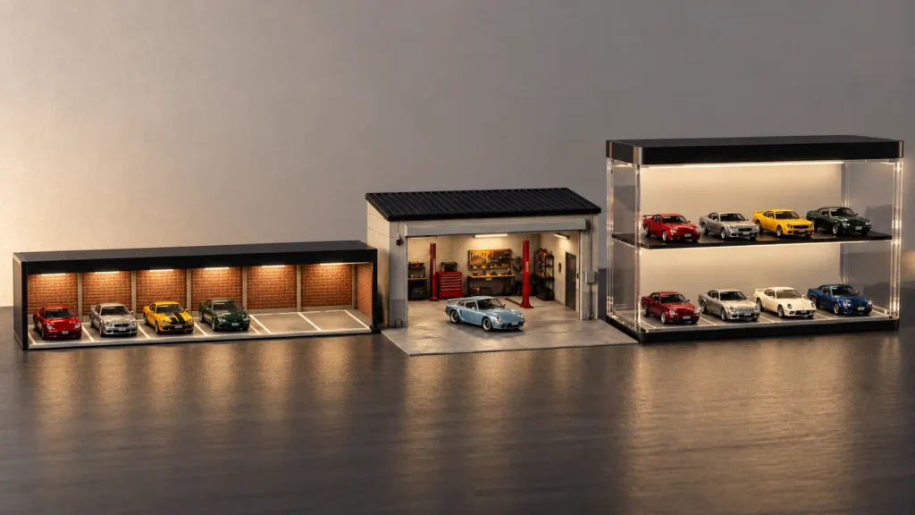 Three styles of 1:64 diecast car displays, including an illuminated horizontal garage, open workshop and two-level display.