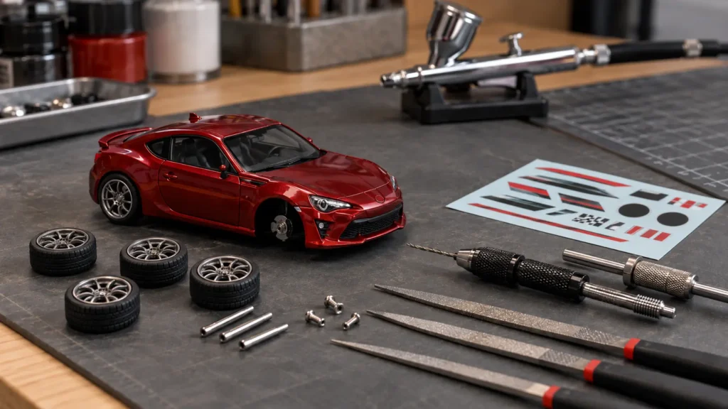 Diecast customizing workbench with 1:64 car, rubber wheels, axle tools, files, decals and airbrush