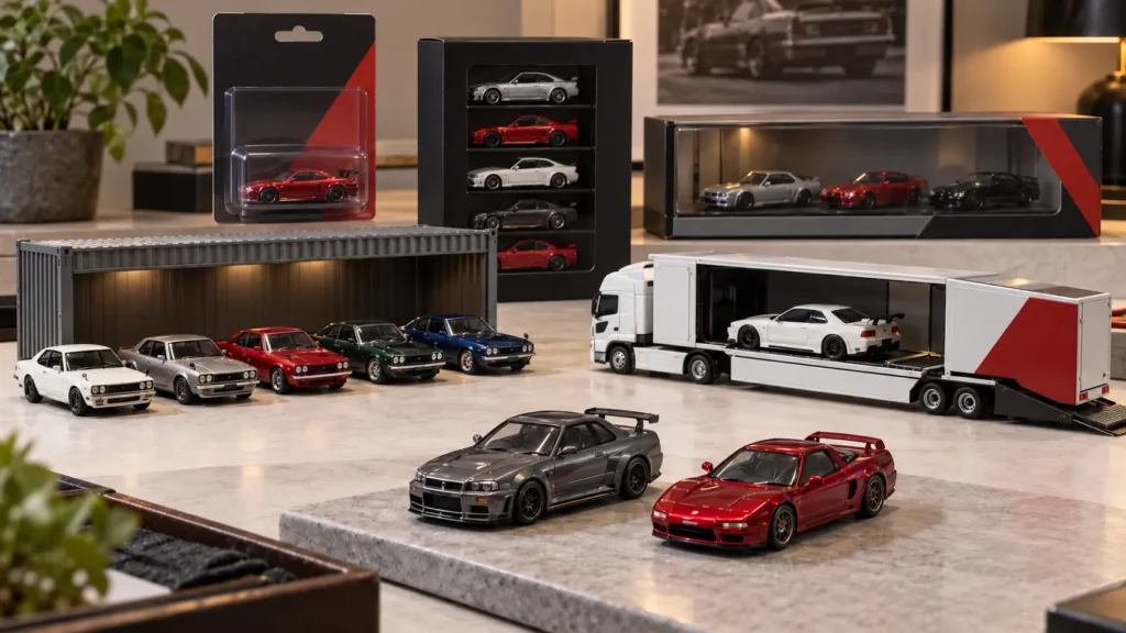 Premium 1:64 diecast collection showing paired cars, five-car set, transporter and boxed display formats