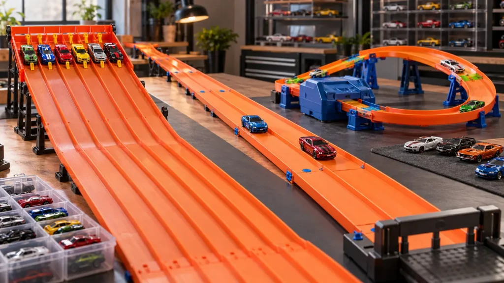 Hot Wheels track sets and drag strips arranged for collector speed testing