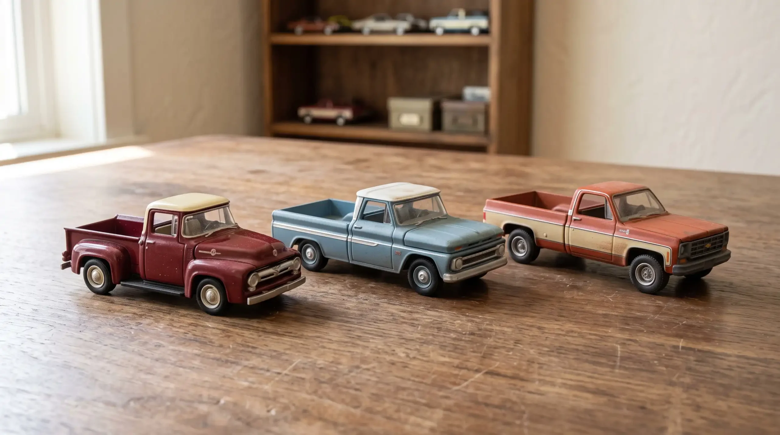 Three generic vintage American-style diecast pickup trucks in red, blue and orange displayed on a wooden table.