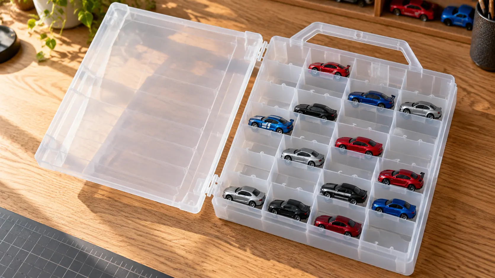 Editorial illustration of an open Creative Options 5315 double-sided organizer holding loose diecast cars in separate clear compartments.