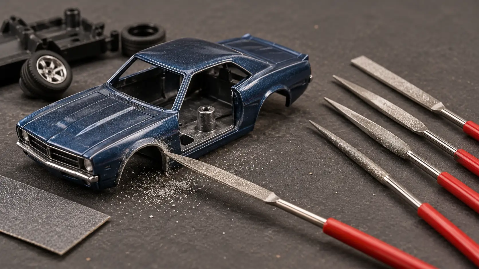 Diamond needle files beside a 1:64 diecast car for post, wheel arch and casting cleanup