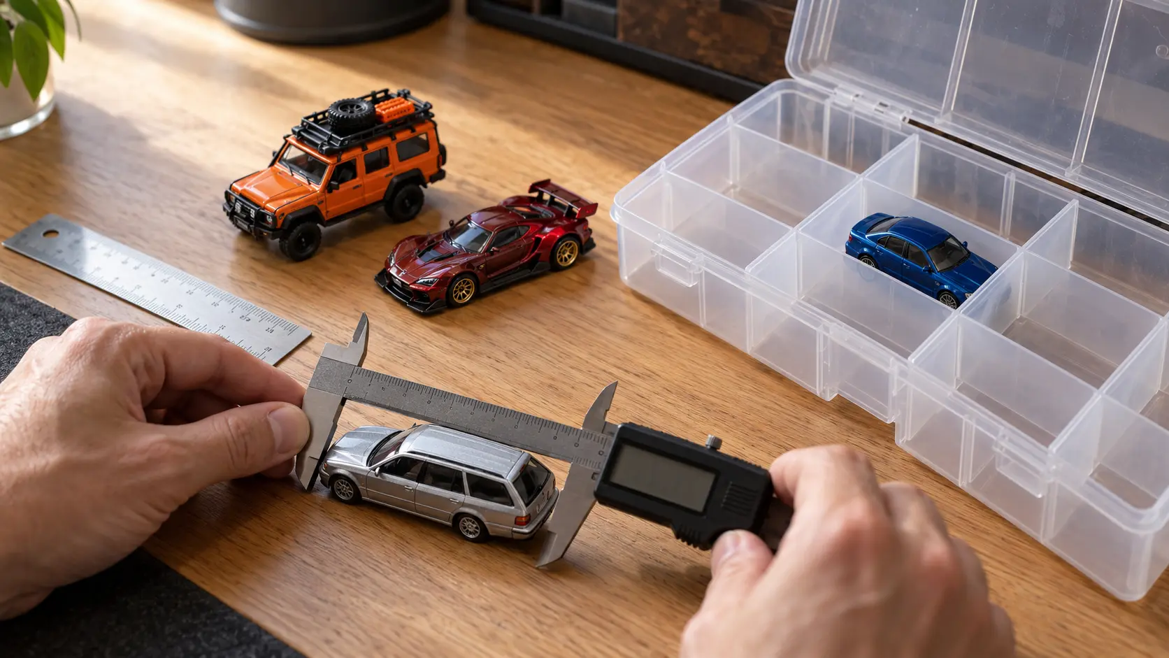 Collector measuring a small diecast car with calipers next to an open compartment organizer and larger miniature vehicles.