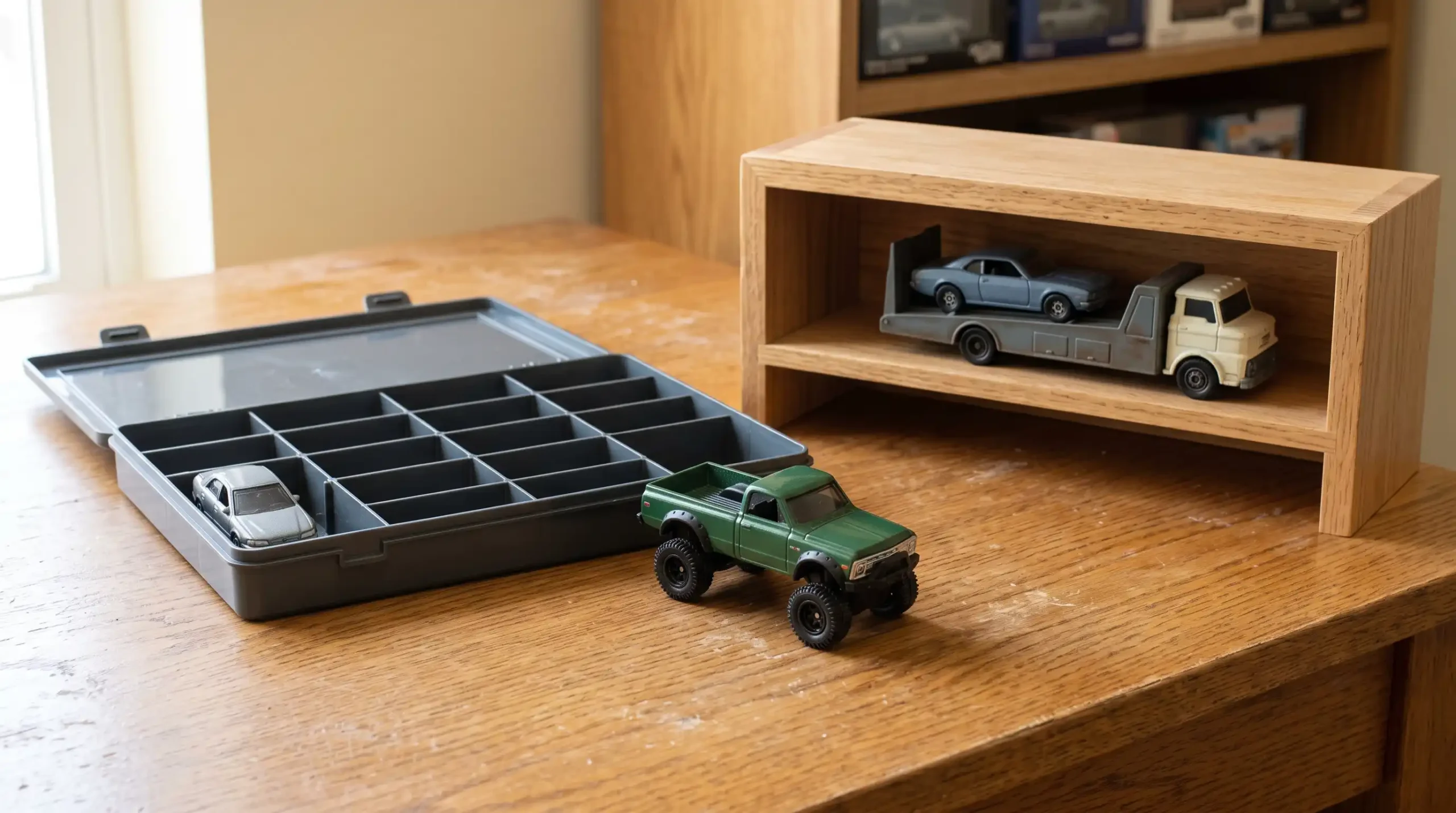 Dark compartment case, lifted green miniature pickup and an open wooden shelf displaying a model car transporter.