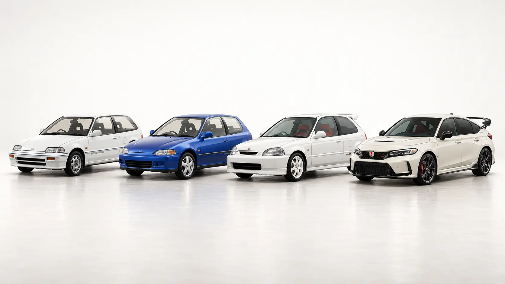 Illustrated lineup of four Honda Civic body styles: EF, EG, EK9 Type R and modern FL5 Type R