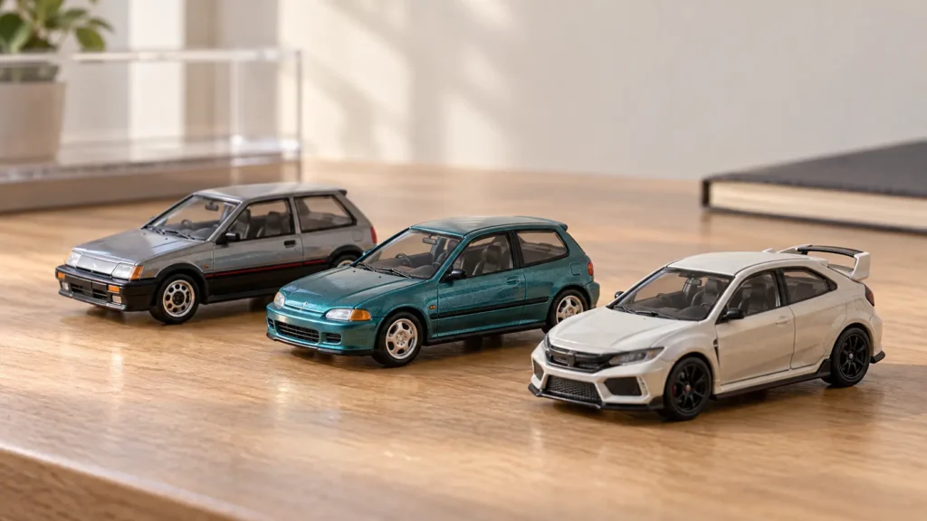 Illustrative 1:64 scale diecast car collection on a collector’s desk for a Honda Civic Hot Wheels guide.
