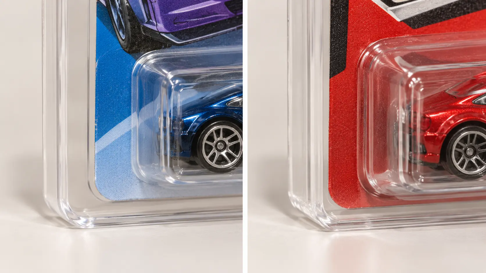 Illustrative comparison of diecast card corners with adequate case clearance and direct wall contact