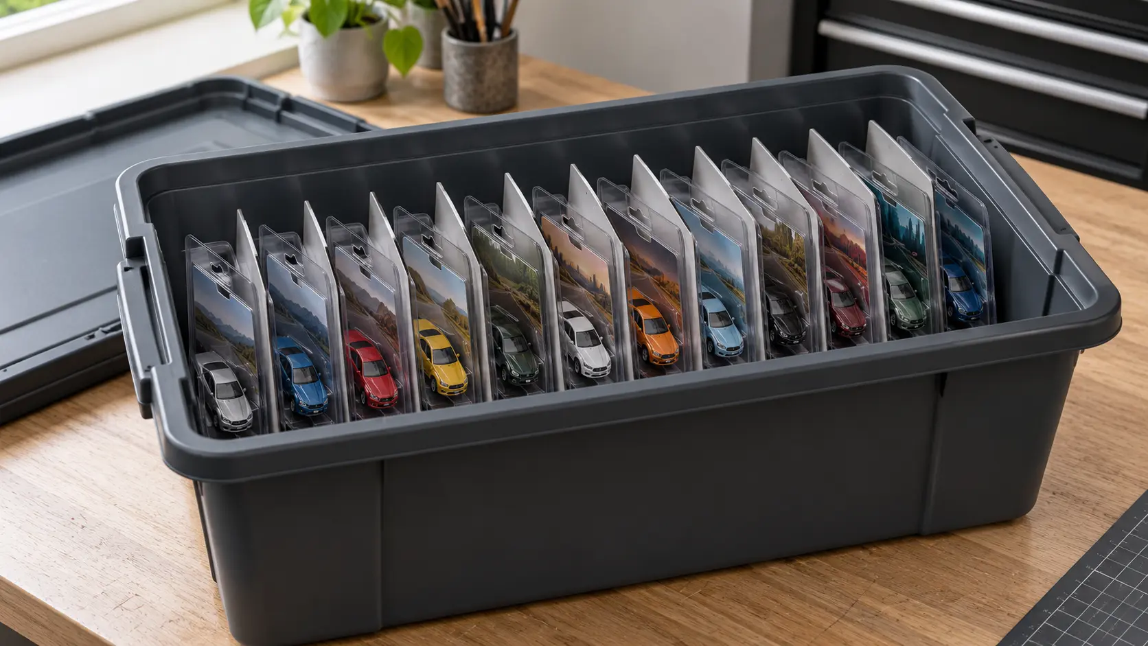 Carded diecast collectibles filed upright in individual clamshells inside an opaque storage tote