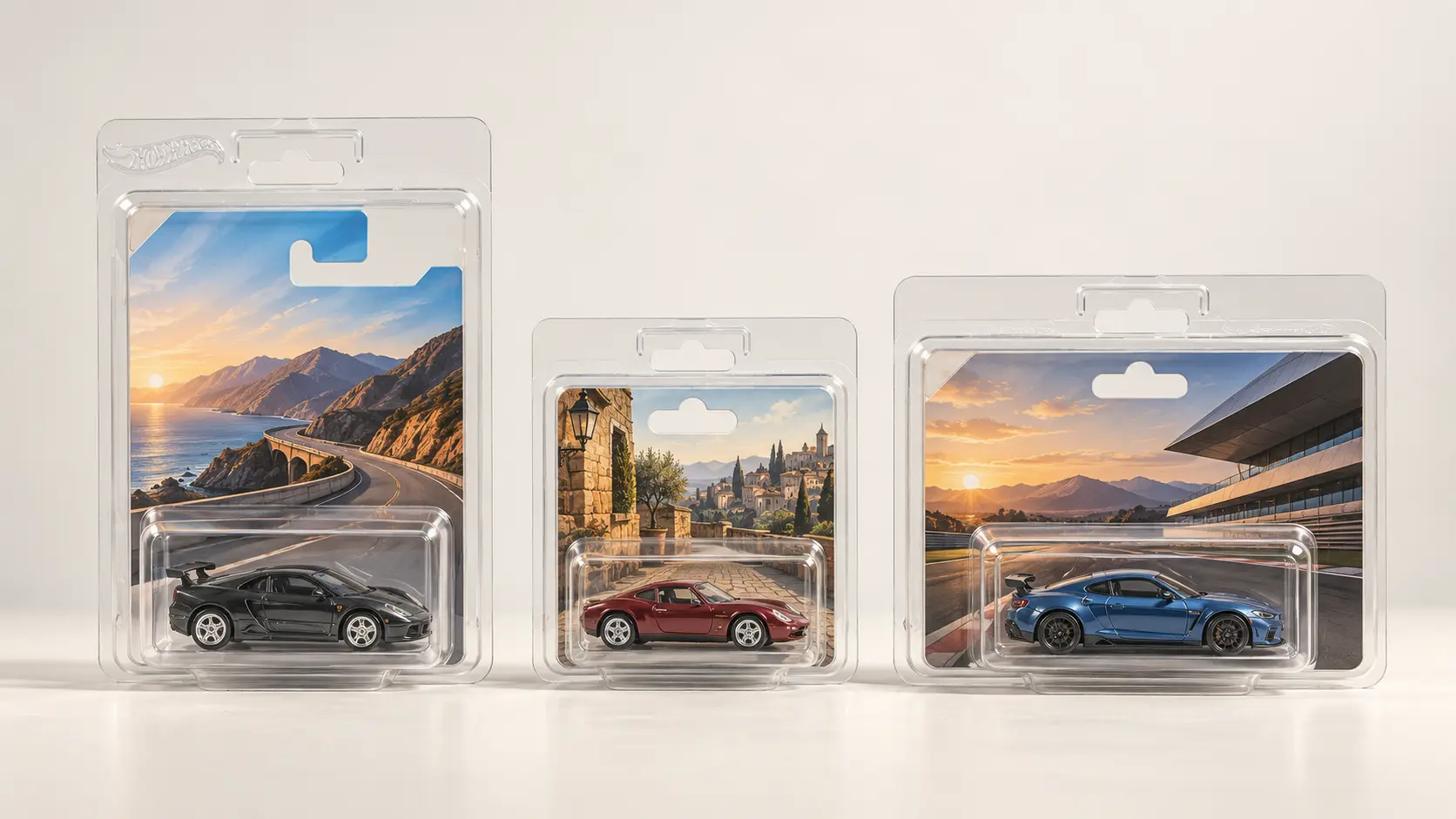 Standard US long-card, European short-card and wider premium diecast packaging shown at relative scale