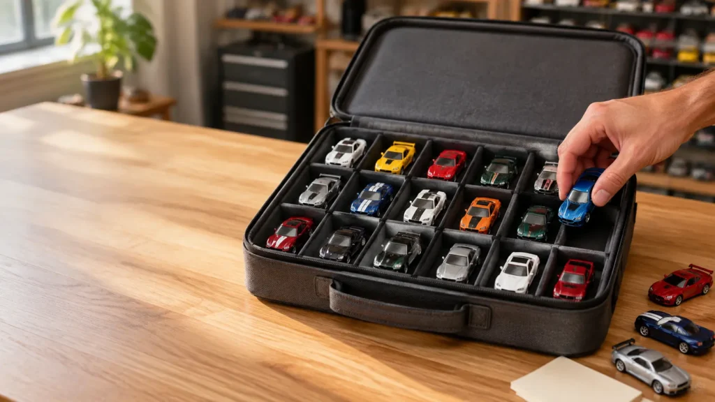 Collector placing loose diecast cars into a portable compartment organizer before a trade meet