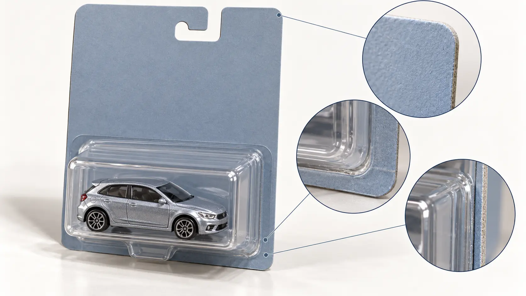 Illustration marking blister edges, card corners and seal perimeter on an unopened generic diecast toy package