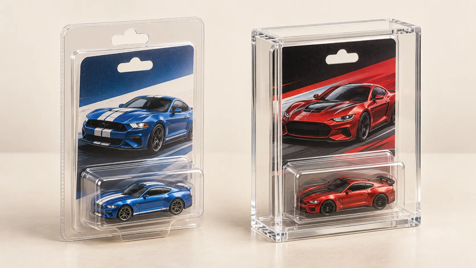 Illustrative comparison of a lightweight clamshell protector and thicker rigid acrylic display case